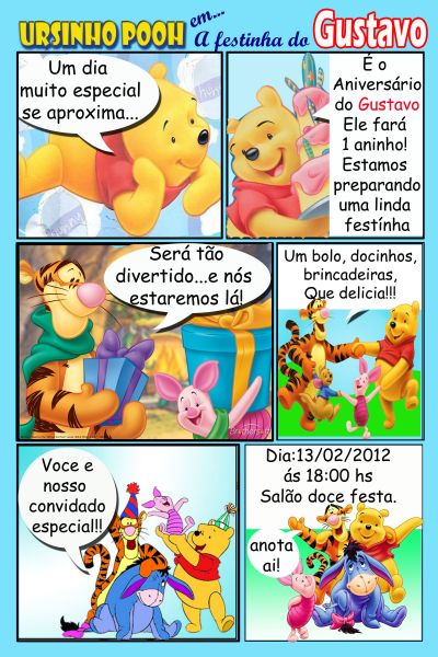 convite ursinho pooh história em quadrinho